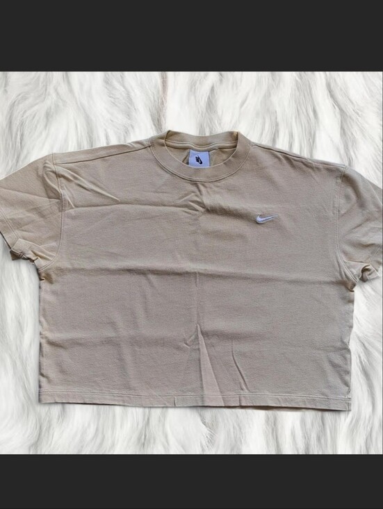 Nike Tops - Nike Cream Tan Cropped Tee with White Embroidered Nike Swoosh Size Small